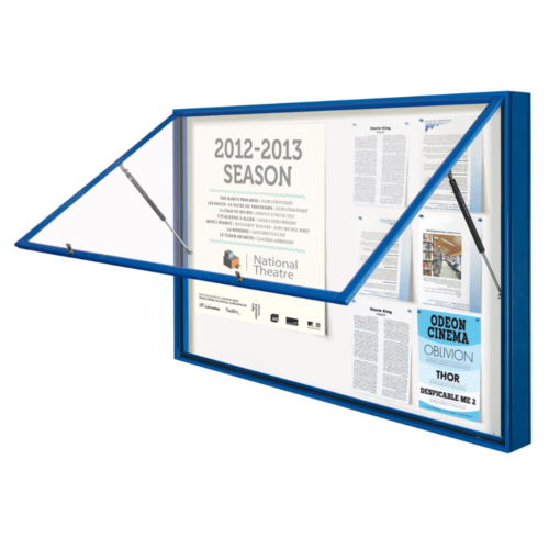 Blue framed notice board with a raising door