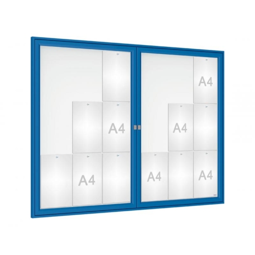 Large dual door notice board with blue aluminium frame