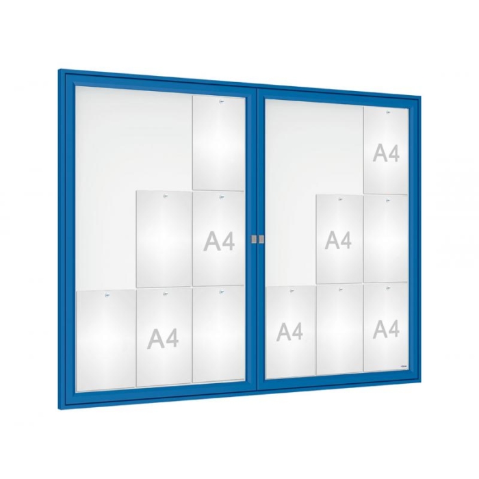 Large dual door notice board with blue aluminium frame