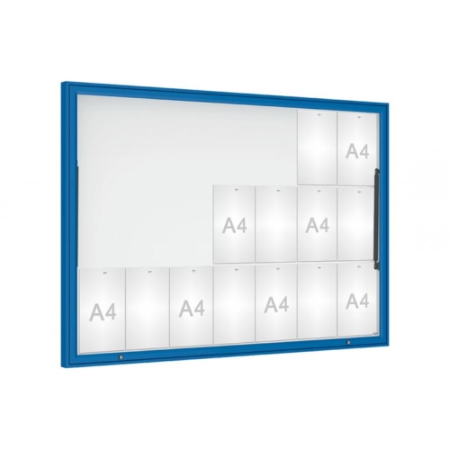 Large blue painted aluminium notice board with gas struts for a raising door