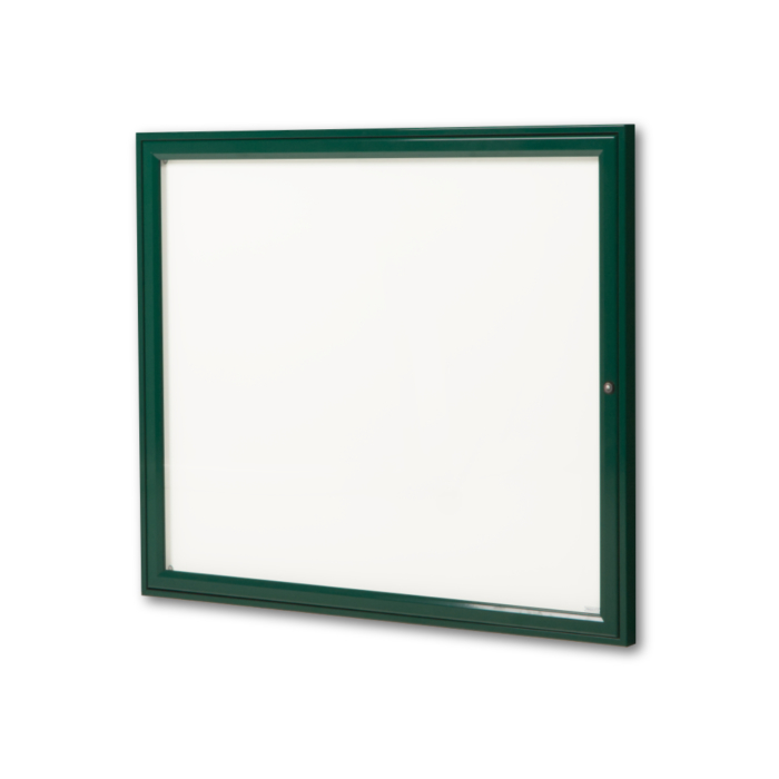 Green framed lockable notice board.