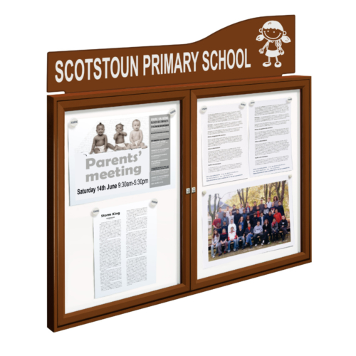 Brown framed notice board with two closed doors and a header board