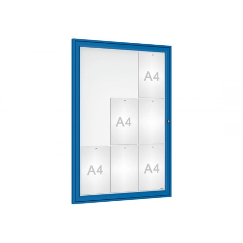 Blue framed aluminium notice board with lock