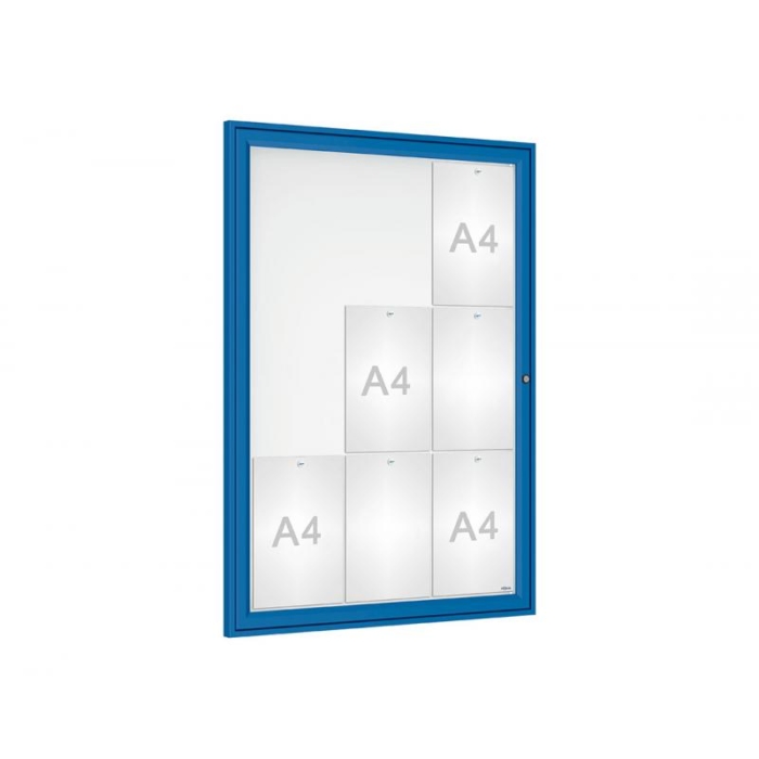 Blue framed aluminium notice board with lock
