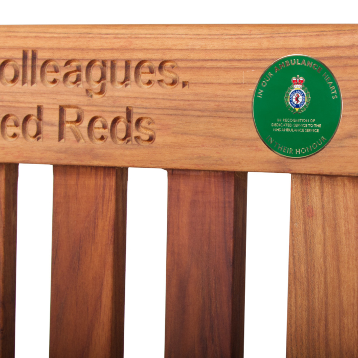 Teak Oiled Seat with commemorative inscription and inset medallion