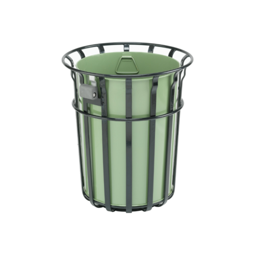 Black steel caged outdoor bin with a green metal liner and bin lock.