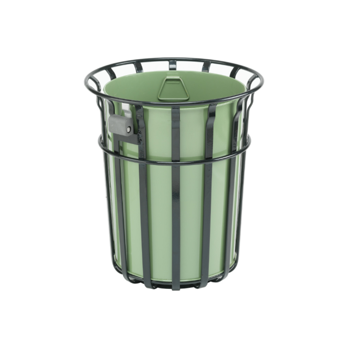 Black steel caged outdoor bin with a green metal liner and bin lock.