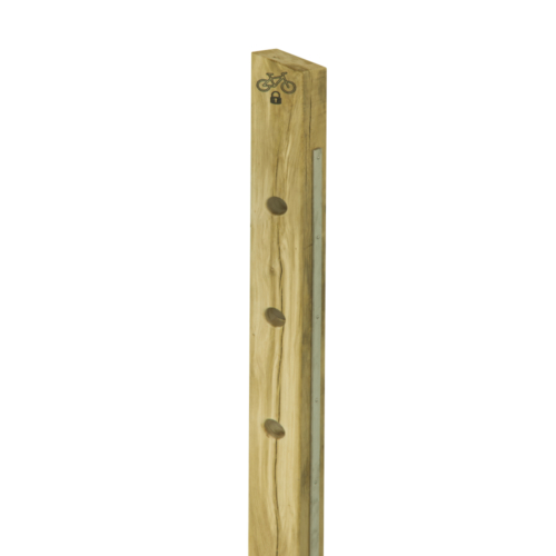 A timber bike post with holes for chaining bike to and engraved bike lock symbol