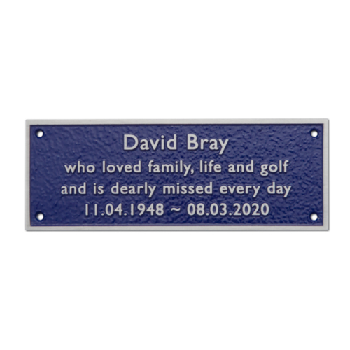 Cast aluminium plaque in silver and blue.