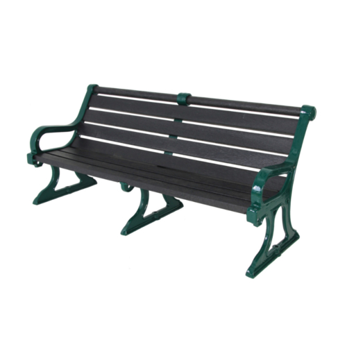 Outdoor bench with recycled plastic slats and cast iron ends