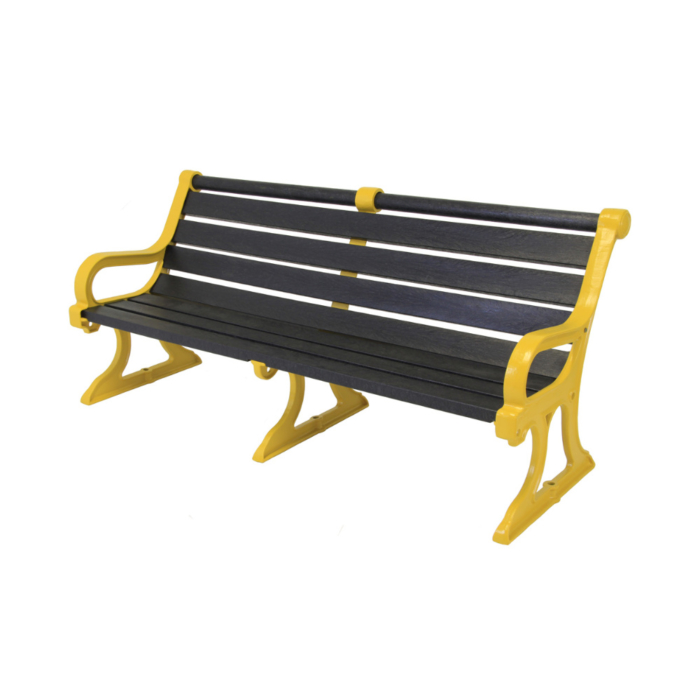 Outdoor seat with black recycled plastic slats and yellow cast iron frame
