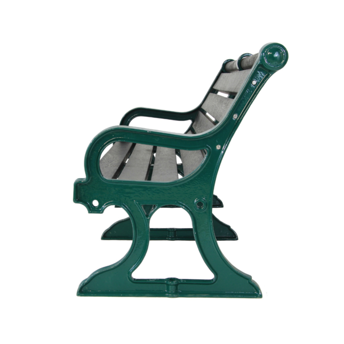 Seafront style seat with green cast iron frame and black recycled plastic slats as seen from the end