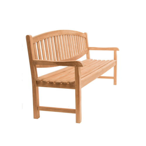 Side view of teak seat with curved top and bottom slats on back