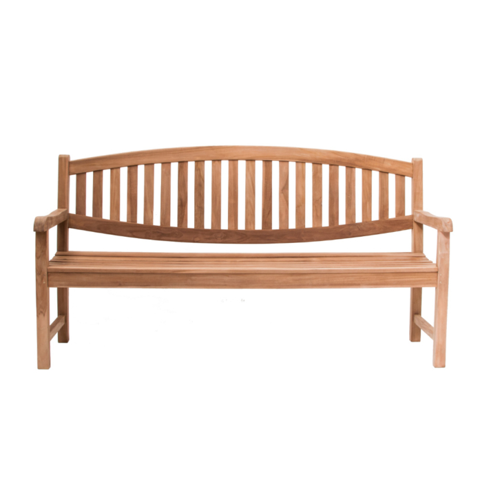 Teak outdoor seat with curved top and bottom slats on back