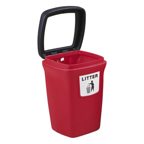 Red plastic litter bin with an open hole black lid