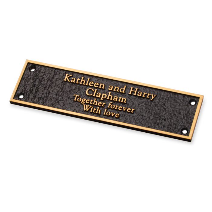 Cast Bronze memorial bench plaque inscribed "Kathleen and Harry Clapham"