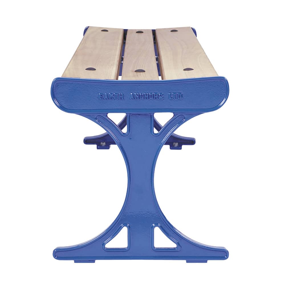 End view of outdoor bench with wood slats and blue steel frame