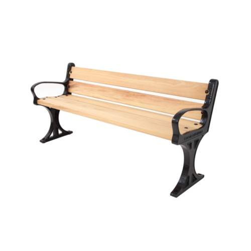 Cast iron Seat with backrest and arms, painted black, with light hardwood slats