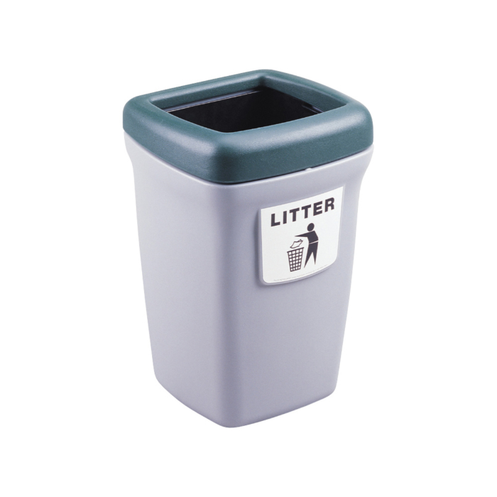 Grey plastic litter bin with green open top lid and a Litter sticker on the front