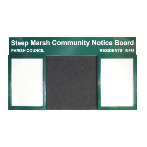Green aluminium notice board with black pinnable section in the middle and two end notice board areas