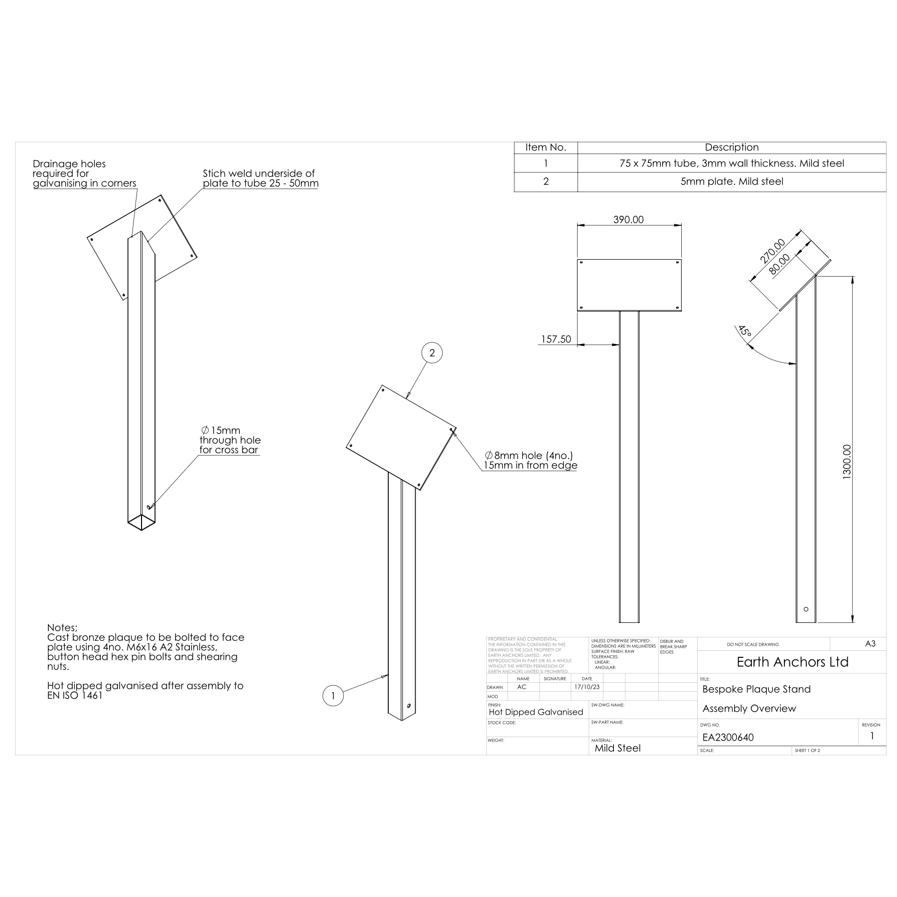 Working drawing for a bespoke heavy duty cast bronze memorial tree stand.