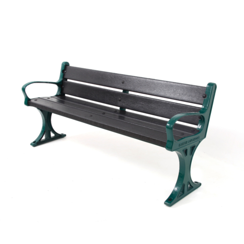 Cast iron seat with backrest, green frames with black recycled plastic slats.