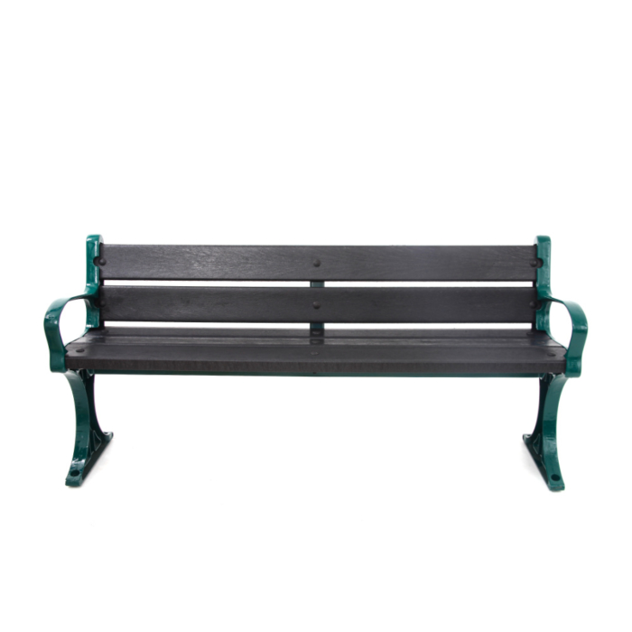 Front view of cast iron seat frame with black recycled plastic slats.
