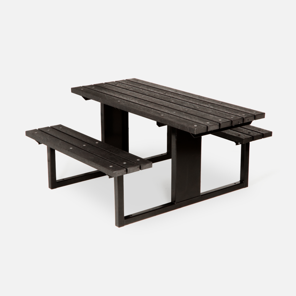 Recycled plastic and steel picnic table in black for wheelchair users.