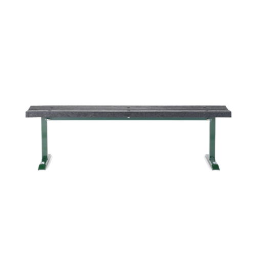 Front view of bench with recycled plastic seat and green steel legs