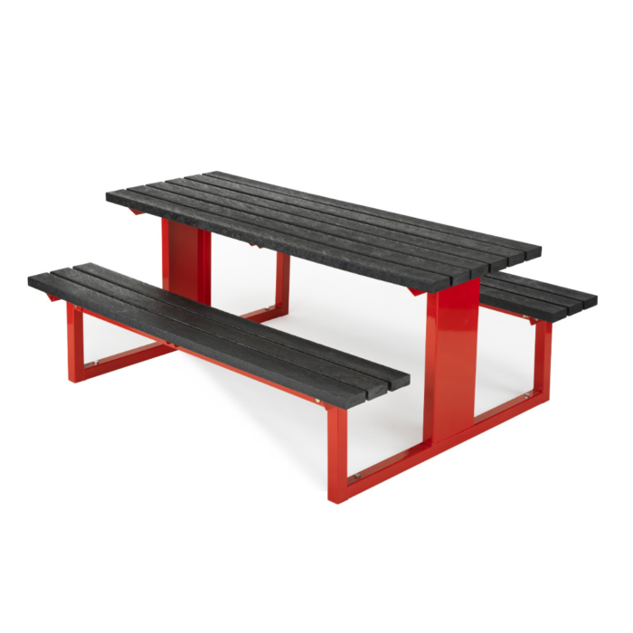 Picnic table with black recycle plastic top and red steel frame