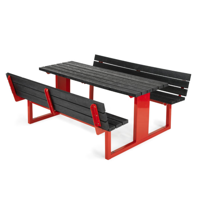 Black and red picnic table with seat backs