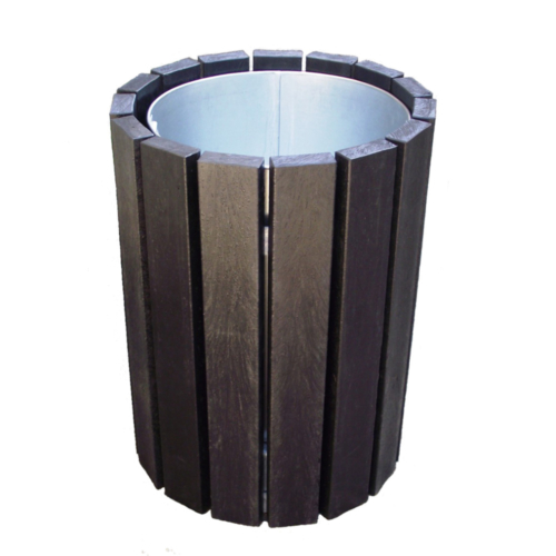 Round litter bin with steel liner and brown recycled plastic slats on the outside