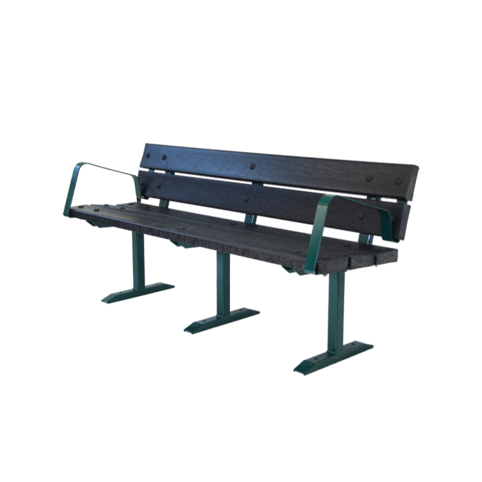 Green steel framed outdoor seat with arm rests and black recycled plastic slats