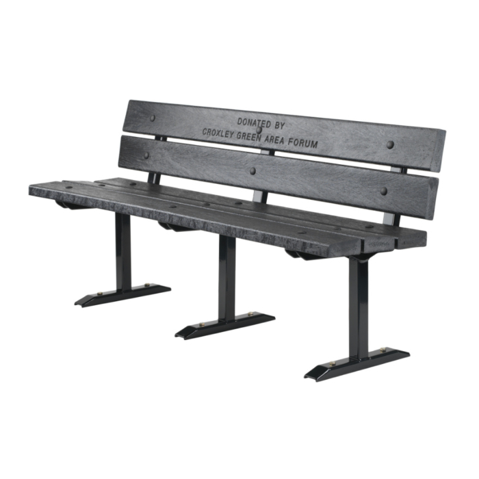 Steel framed memorial seat with commemorative engraving in back slat