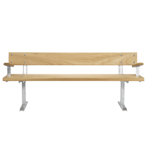 Front view of Iroko wood low back bench with steel frame