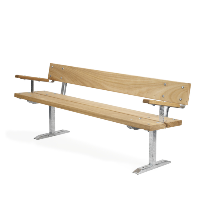 Angled view of Iroko wood outdoor seat with steel frame