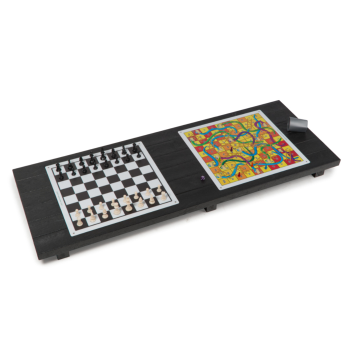 Black recycled plastic table top with inlaid chess and snakes and ladders boards