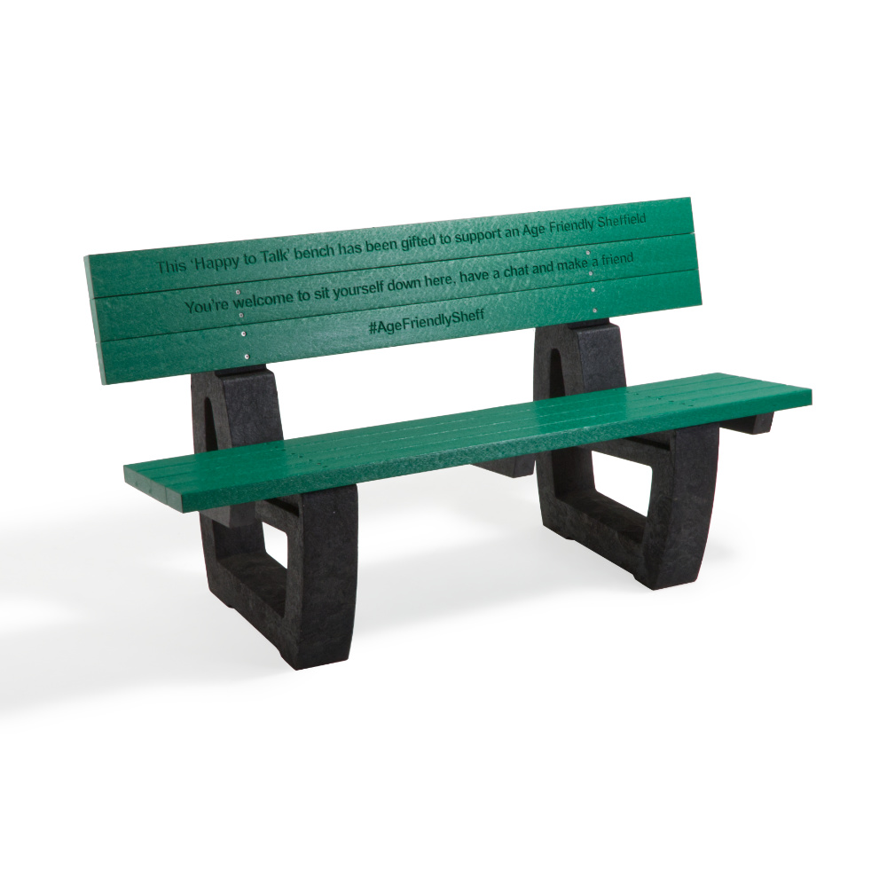 Recycled Plastic Seat in Green with engraved inscription reading #AgeFriendlySheff