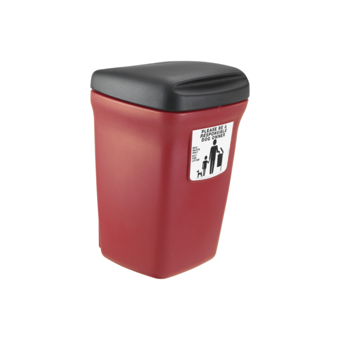 Plastic dog waste bin in red wit a black lid