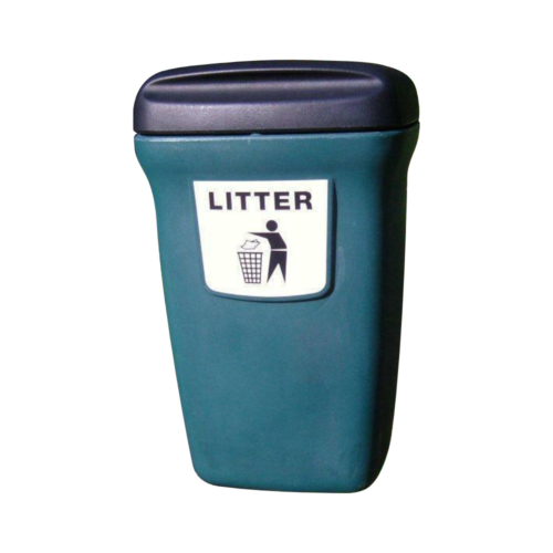 Green plastic litter bin with black lid and litter sticker on the front