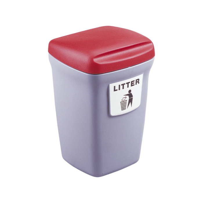 Grey plastic bin with a red lid and a litter sticker on the front