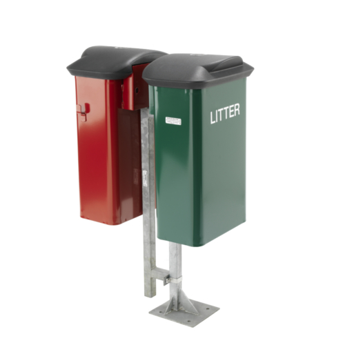 Back to back litter bin in green and dog waste bin in red. Attached either side of a metal post