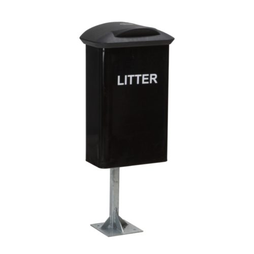 Black litter bin with lid on a post.