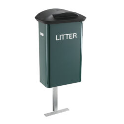 Green metal litter bin with a black lid and the word litter across the front in white