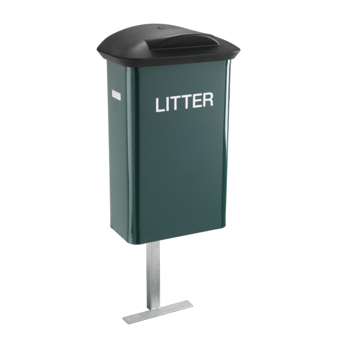 Green metal litter bin with a black lid and the word litter across the front in white