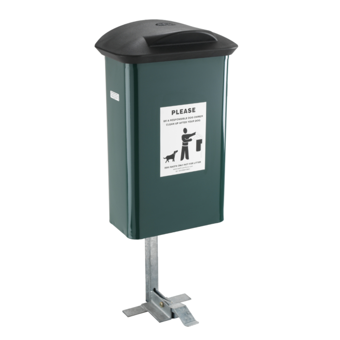 Green metal bin with a pedal to open it. Has a black lid and a Please be a responsible dog owner sticker on the front