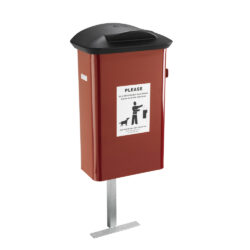 Red metal dog waste bin with a black plastic lid