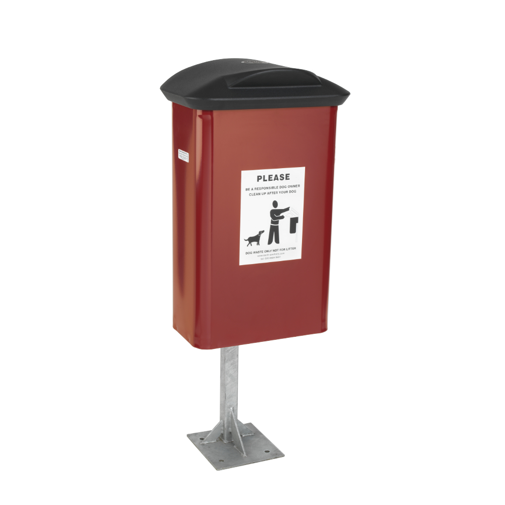 Red metal dog waste bin on a silver post to bolt it down