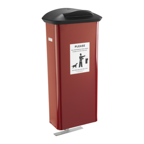 Large red metal dog waste bin wit a black plastic lid