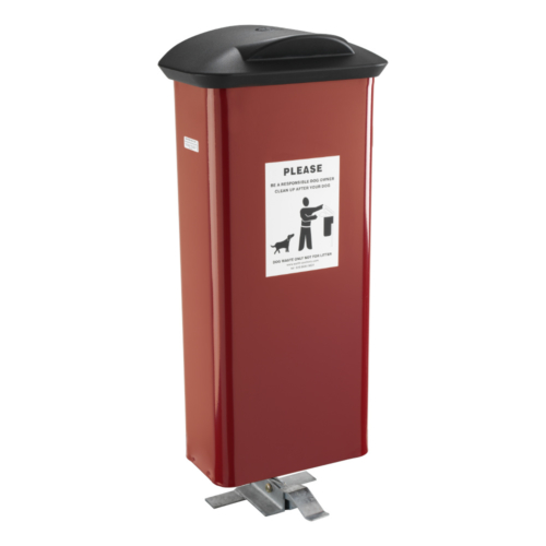 Large red metal dog waste bin with a pedal,